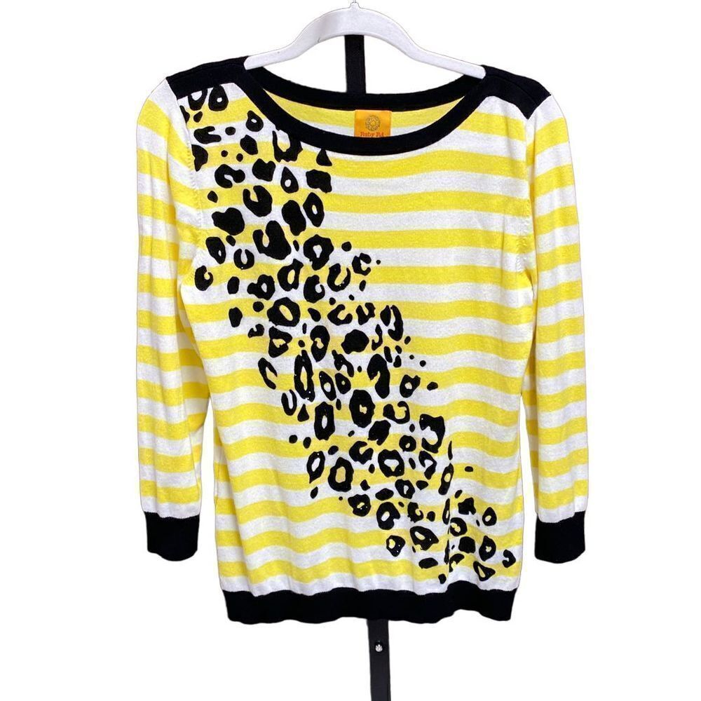 Ruby Rd. Yellow Stripe 3/4 Sleeve Sweater Size Medium